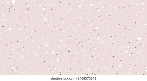 Abstract terrazzo flooring seamless pattern with pieces of granite, quartz, glass and stone on pink background. Ceramic, cement,  marble, mosaic floor texture. Chaotic scattered confetti backdrop