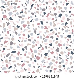 Abstract Terrazzo flooring seamless vector pattern on a white background. Imitation texture of concrete mosaic tiles.
