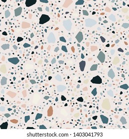 Abstract terrazzo seamless pattern design. Marble wallpaper on milk background. Natural stone, granite, quartz shapes. Modern backdrop textured.