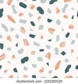 Abstract terrazzo seamless pattern with gold fragments on light background. Realistic marble texture with stone. Modern minimalist backdrop for floor and tile design. vector illustration