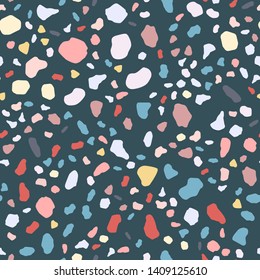 Abstract terrazzo seamless pattern. Natural stone, granite, quartz shapes backdrop. Marble wallpaper. Modern backdrop textured.