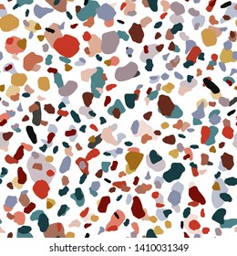 Abstract terrazzo seamless pattern on white background. Marble wallpaper. Modern backdrop textured. Natural stone, granite, quartz shapes backdrop. 