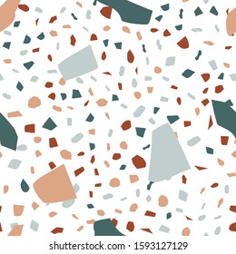 Abstract terrazzo seamless pattern on a light background. Realistic marble texture with stone fragments. Modern minimalist backdrop for floor and tile design. Trendy vector illustration