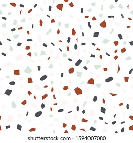 Abstract terrazzo seamless pattern on a light background. Realistic marble texture with stone fragments. Modern minimalist backdrop for floor and tile design. Trendy vector illustration