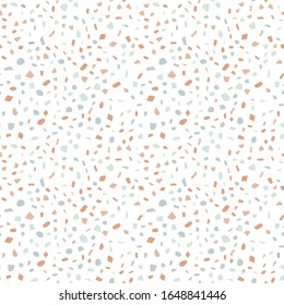 Abstract terrazzo seamless pattern on a light background. Realistic marble texture with stone fragments. Modern minimalist backdrop for floor and tile design. Trendy vector illustration