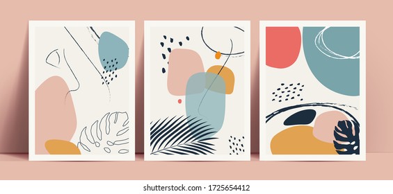 Abstract Terrazzo Style Background Set With Pastel Color Hand Drawn Geometric Shapes And Lines And Tropical Leaves Silhouettes. Works For Decor Wall Prints Or Book Cover Or Flyer Or Menu Design.