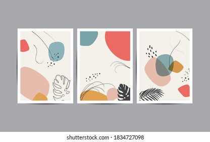 Abstract terrazzo style background set with pastel color hand drawn geometric shapes and lines and tropical leaves silhouettes. Good for decor wall prints, cover, invitation, banner, placard,