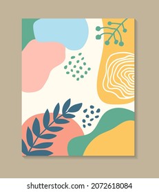 Abstract terrazzo style background set with pastel color hand drawn geometric and brush shapes. Tropical leaves silhouettes. Works for decoration wall prints or book cover or flyer or menu design.