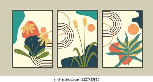 Abstract terrazzo style background set with pastel color hand drawn geometric shapes and lines and tropical leaves silhouettes. print for decoration, wall art, interior, wallpapers, covers, posters
