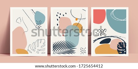 Abstract terrazzo style background set with pastel color hand drawn geometric shapes and lines and tropical leaves silhouettes. Works for decor wall prints or book cover or flyer or menu design.