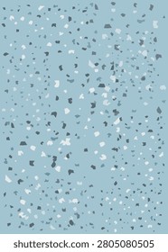 An abstract terrazzo texture pattern containing tiny shards of granite, quartz, and marble spread across a light dusty blue background.