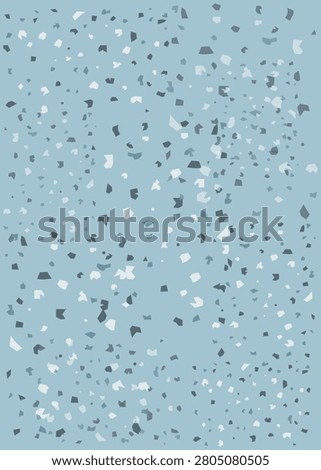 An abstract terrazzo texture pattern containing tiny shards of granite, quartz, and marble spread across a light dusty blue background.
