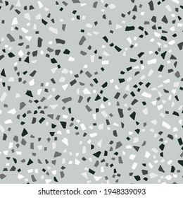 Resumen de la textura veneciana de Terrazzo. Fondo del piso de mármol gris. Material de mármol de color Terrazzo. Patrón de granito del hogar del vector. Diseño clásico sin mosaico. Impresión irregular veneciana de vidrio. Arte de piedra