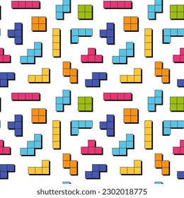 Abstract tetris style seamless vector background. 80s or 90s Memphis style. Bright and colorful.