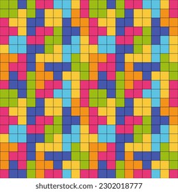 Abstract tetris style seamless vector background. 80s or 90s Memphis style. Bright and colorful.