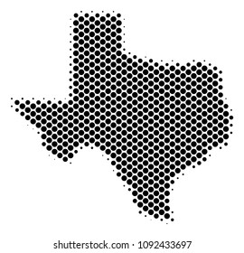 Abstract Texas map. Vector halftone territorial plan. Cartographic dotted composition. Schematic Texas map is composed of regular sphere dot array.