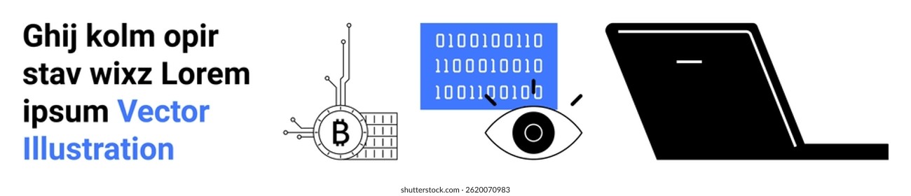Abstract text, blockchain bitcoin symbol, eye icon with binary code, and laptop. Ideal for tech, digital security, cryptocurrency, data analysis, software development, programming, fintech. Landing