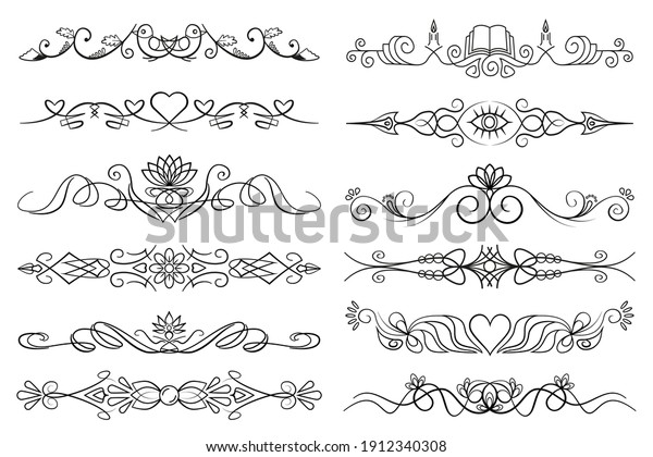 Abstract text divider set. Collection\
vector of black paragtaph separators isolated on ehite background.\
Text dividers with curves, swirls, flowers,\
hearts.