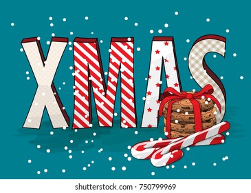 abstract text XMAS withcookies and candy canes on blue background, holiday theme, vector illustration, eps 10