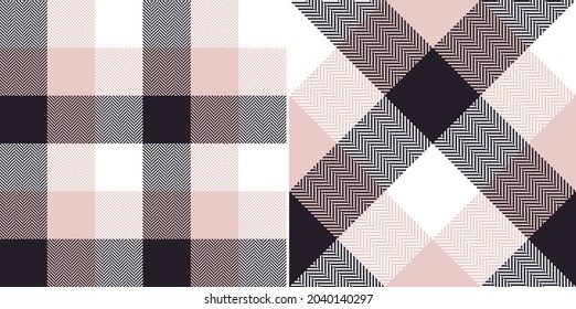 Abstract textile check pattern in black, powder pink, white. Seamless herringbone tartan buffalo check for spring autumn winter scarf, flannel shirt, duvet cover, other modern fashion fabric print.