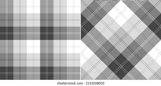 Abstract textile check pattern print in grey and white. Seamless herringbone textured tartan buffalo plaid vector for spring summer autumn winter scarf, flannel shirt, duvet cover, other textile.