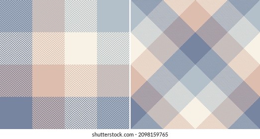 Abstract textile check plaid pattern in soft cashmere blue, pink, beige. Seamless light tartan vector set for scarf, picnic blanket, other modern spring summer autumn winter holiday textile print.