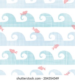 Abstract textile fish among waves seamless pattern background