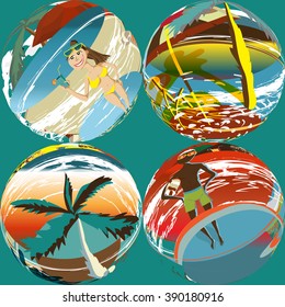 Abstract textile seamless pattern of colorful beach, palm tree, umbrellas, people in bathing suits. Vector color illustration