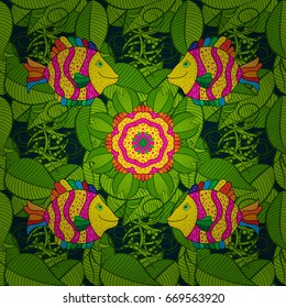 Abstract textile seamless pattern with rever fishes Vector illustration. On colored background with flowers.