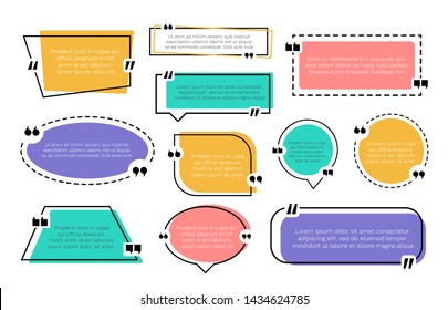 Abstract texting boxes. Speech citation balloon note, vector remark frame set of quotation bubble blog quotes symbols. Quote text design template