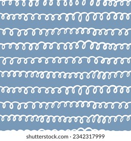 Abstract texture background with simple drawing spirals. Cute bicolor white and blue seamless pattern with handwritten swirls for wallpaper design, backdrops, stationery covers, baby products.