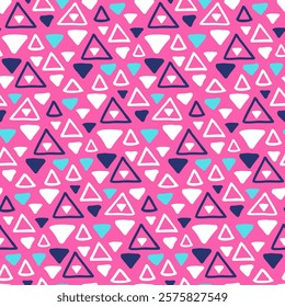 Abstract texture background with triangles. Seamless pattern with handwritten simple geometric shapes for wallpaper, backdrop, stationery cover. Bright pink print for women's outerwear, girly shoes.