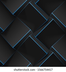 Abstract texture with black cubes with thin blue lines. Realistic geometric seamless pattern for backgrounds, wallpaper, textile, fabric and wrapping paper. Vector realistic illustration.