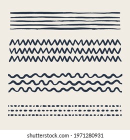 Abstract texture brushes set. Various doodle brushes in vintage style with grunge texture. Hand-drawn abstract infographic Vector collection. Add them in brush panel as art or pattern brush.