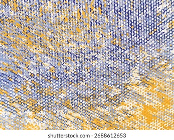 Abstrakte Textur mit Pixeln im Pinselstrich-Stil in Gelb, Violett und Weiß. Energetisches impressionistisches Muster für digitales Design und Mode.