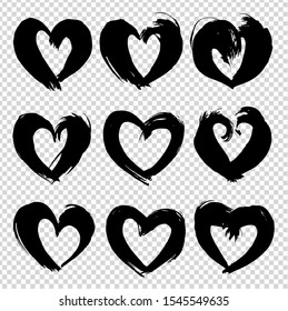Abstract  texture brushstrokes in heart shape black ink isolated on imitation transparent background