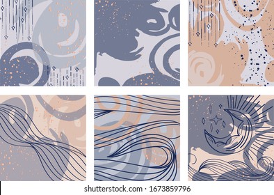 The Abstract texture collection with the illustration of wave in blue, gold The Illustration of abstract background with absract shapes, wave, luna