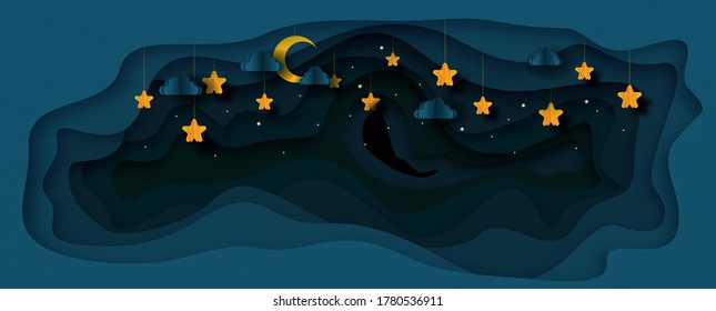 Abstract texture in dark blue and object of night time in paper cut out with layers style and banner vector design.