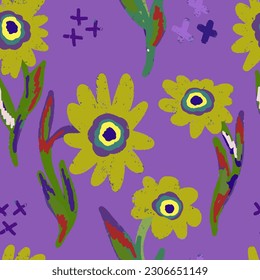 Abstrakte Texturblumen. Vektornahtloses Muster. Grunge Textur. Blumenschmuck. Psychedelisches Design. Für Druck, Design, Tapete, Stoff, Papier, Verpackung.