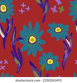 Abstract texture flowers. Vector seamless pattern. Grunge texture. Floral ornament. Psychedelic design. For print, design, wallpaper, fabric, paper, packaging.