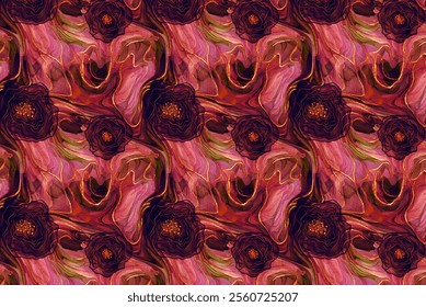 abstract texture with golden lines and alcohol ink with dark blue flowers