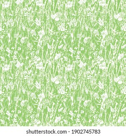 Abstract Texture Grassland Meadow Vector Pepeat Background. Seamless Irregular Textured Green Nature Design With Botany Blossom. Close Up, All Over Repeat. Interior Design, Home Decor, Packaging