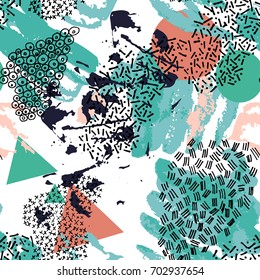 Abstract texture with hand drawn and geometric elements. Vector seamless pattern. Memphis style.