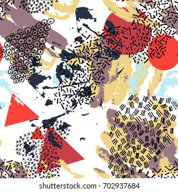 Abstract texture with hand drawn and geometric elements. Vector seamless pattern. Memphis style.