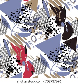 Abstract texture with hand drawn and geometric elements. Vector seamless pattern. Memphis style.