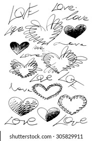 Abstract texture with  hand-drawn hearts and words. It reminds scratch, painted marker or pen