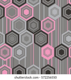 Abstract texture of hexagons in black, pink and gray colors on a gray background.