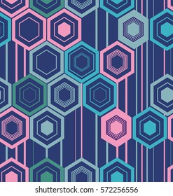 Abstract texture of hexagons in blue, pink, light gray and green colors on a  blue background. 