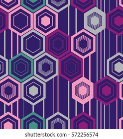 Abstract texture of hexagons in blue, pink, light gray and purple colors on a dark blue background. 