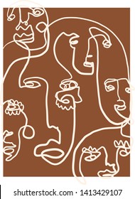 Abstract texture with line continuous face, simple hand drawn trendy vector, contemporary composition, one line art. Modern design for poster, card, social media content, flyer, print for clothes. 